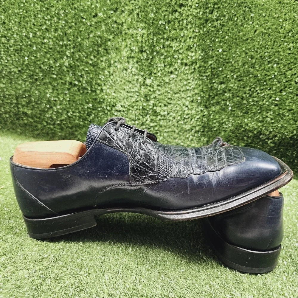 Mezlan Navy Blue Crocodile Leather Square Toe Oxford Dress Shoes Mens Size 9.5